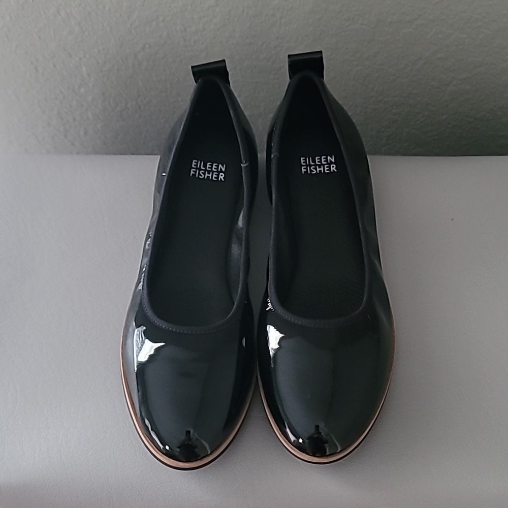 Eileen Fisher Black Patent Notion Ballet Flat Shoes Size 7.5 $155